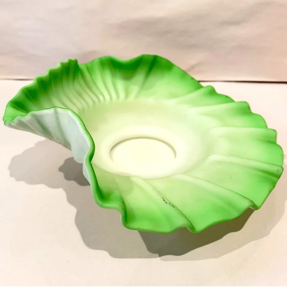 Fenton Green Satin Cased Over White Ruffled Shell Large Bowl Centerpiece 40s-50s